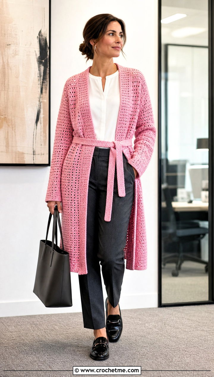 Belted Crochet Coatigan With Tailored Trousers - 35 crochet long coat outfit ideas