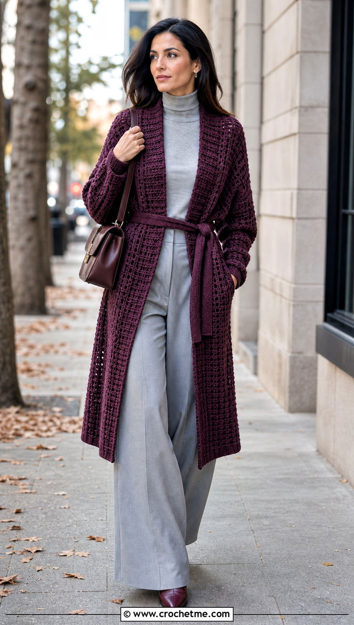 Belted Crochet Coatigan With Wide Leg Pants - 15 classic crochet cardigan outfit ideas