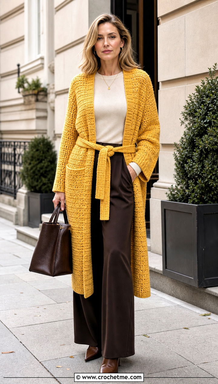 Belted Crochet Coatigan With Wide Leg Pants - 30 crochet long cardigan sweater coats outfit ideas