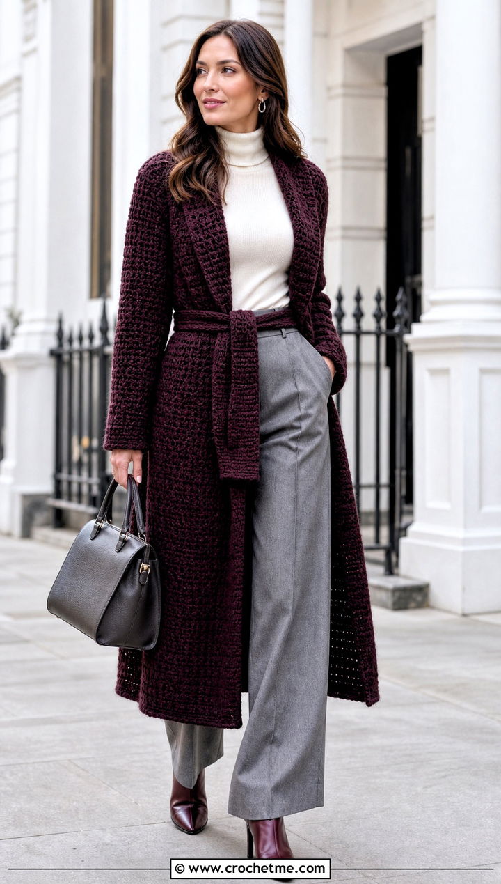 Belted Crochet Coatigan With Wide Leg Trousers - 15 trendy crochet cardigan outfit ideas
