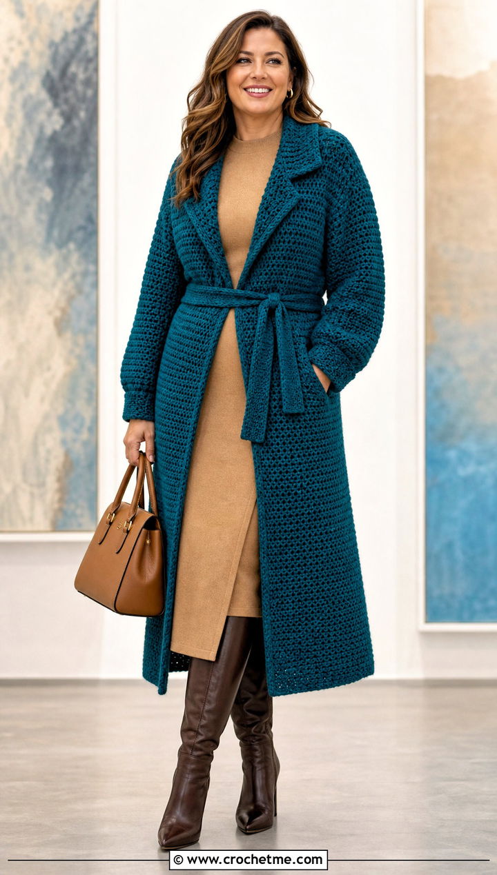 Belted Crochet Coatigan With a Column Dress - 35 Crochet Winter Outfits ideas
