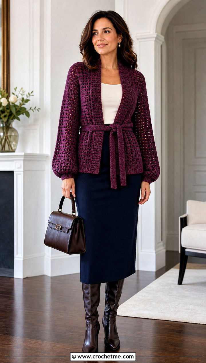 Belted Crochet Doll Cardigan With Column Skirt - 30 crochet doll cardigan outfit ideas