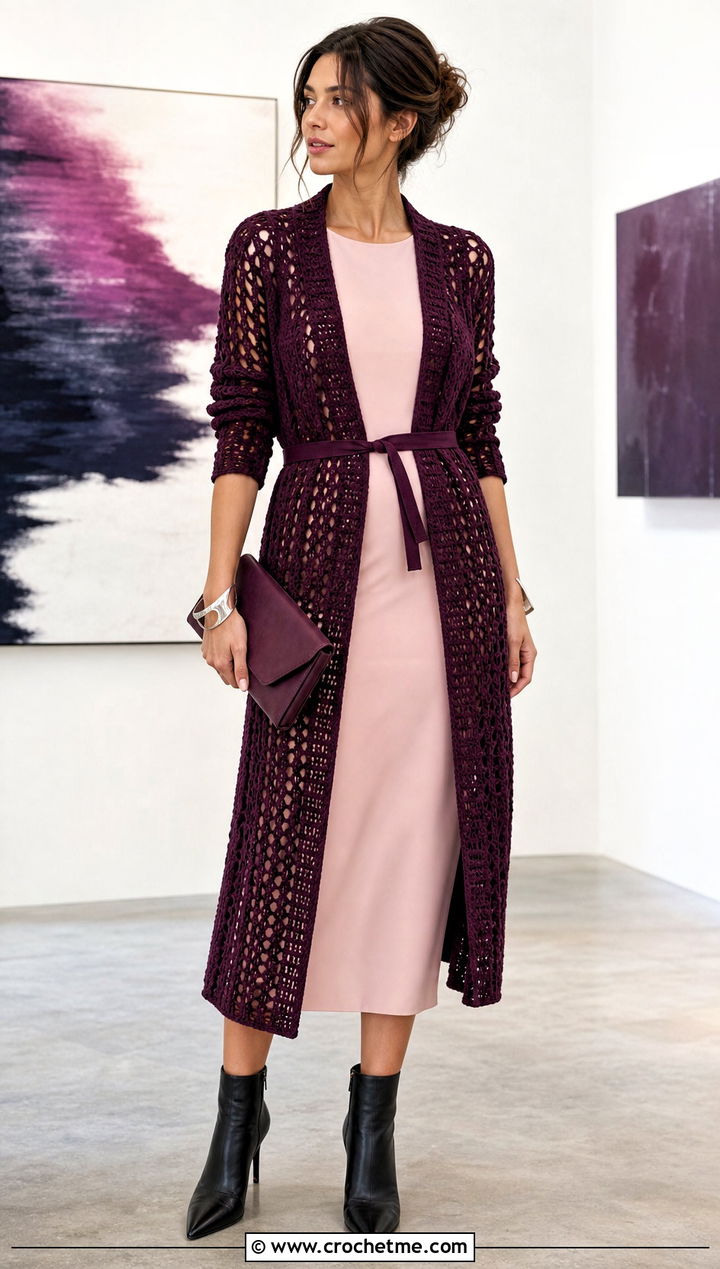 Belted Crochet Duster Cardigan With A Column Dress - 15 Crochet Womens Cardigan Sweater outfit ideas