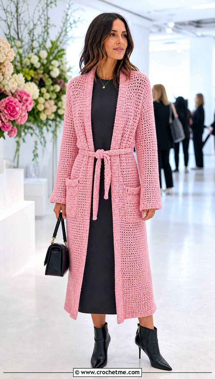 Belted Crochet Duster Cardigan With Column Dress - 15 crochet long cardigan with pockets outfit ideas