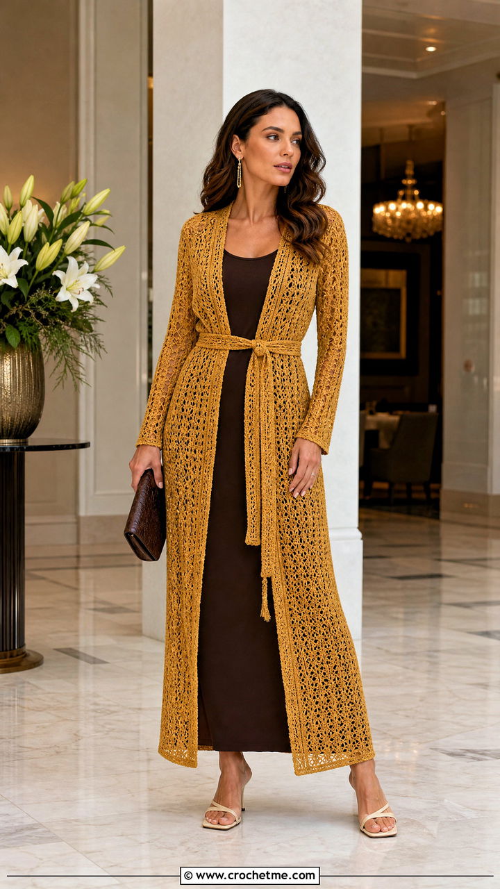 Belted Crochet Duster Cardigan With Column Dress - 35 crochet cardigans for women outfit ideas