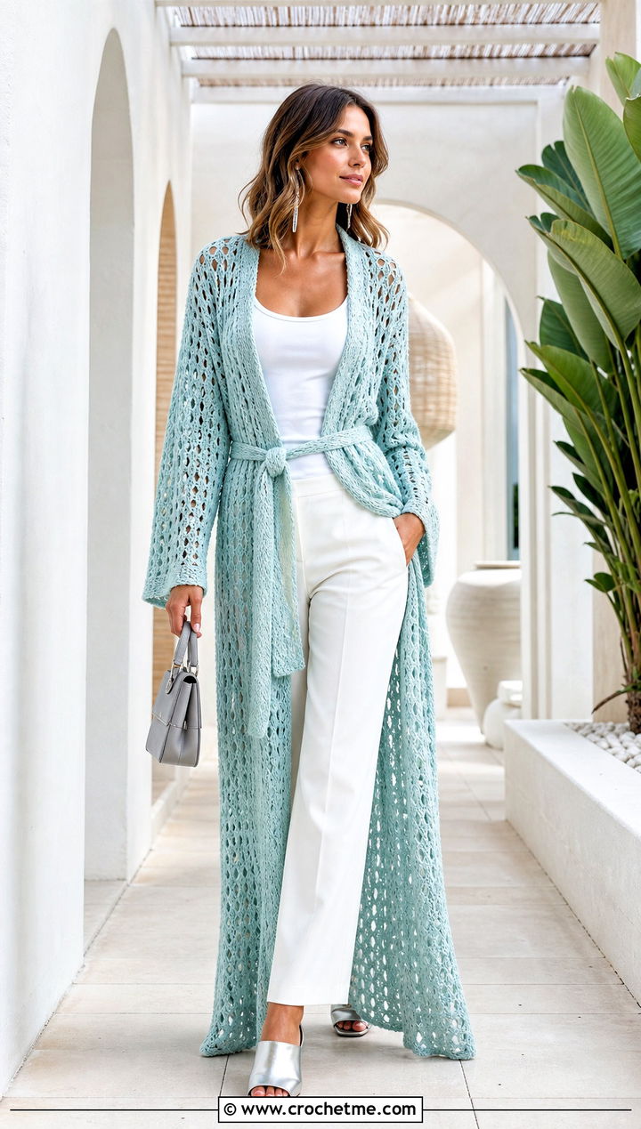 Belted Crochet Duster Cardigan With Monochrome Separates - 25 elegant crochet cardigan outfit ideas