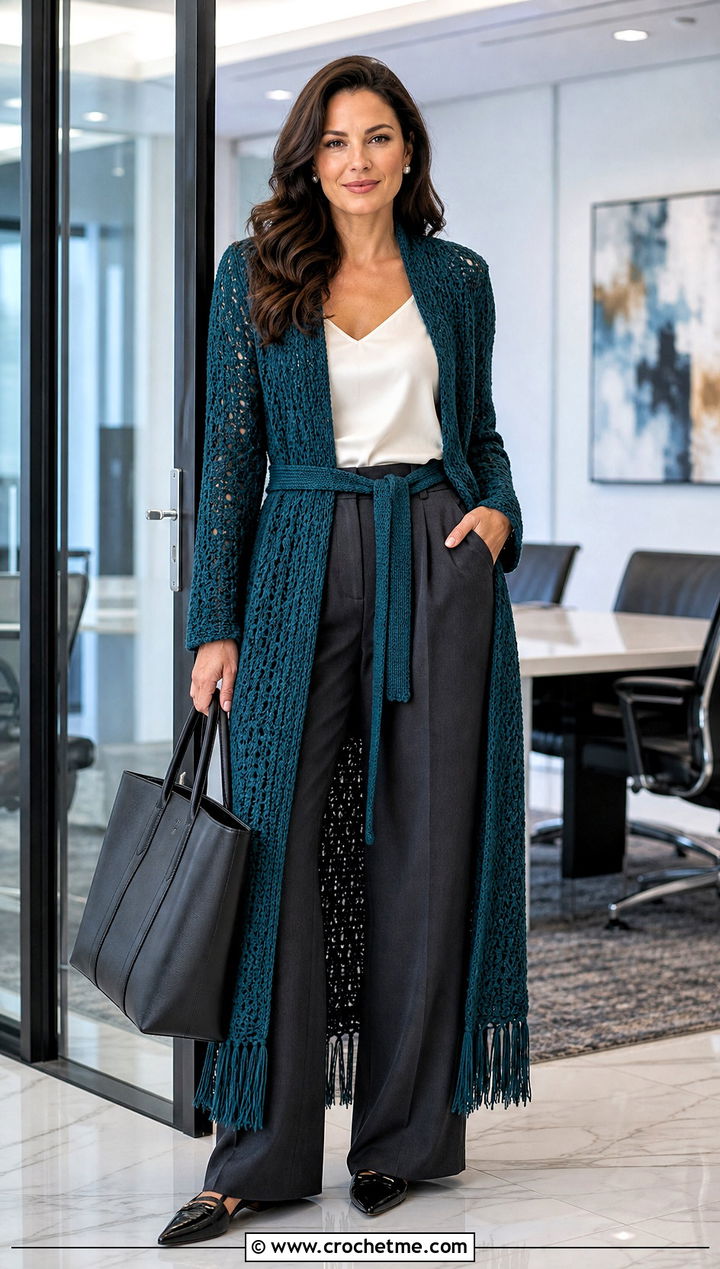 Belted Crochet Duster Cardigan With Tailored Trousers - 15 long crochet cardigan with fringe outfit ideas
