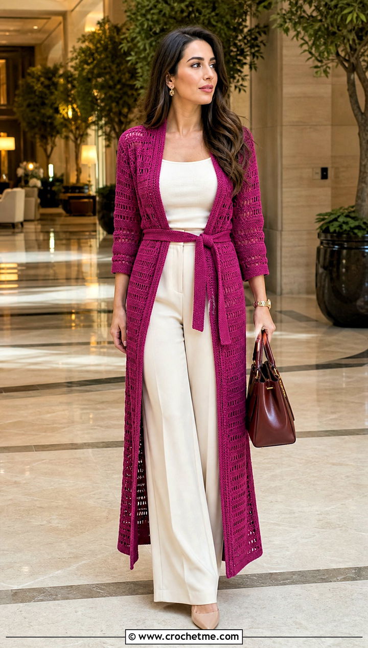 Belted Crochet Duster Cardigan With Wide Leg Pants - 15 Easy Crocheted Cardigan outfit ideas