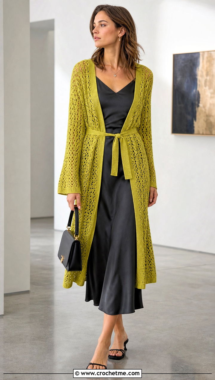 Belted Crochet Duster Cardigan With a Slip Dress - 20 Easy Crochet Long Cardigan outfit ideas