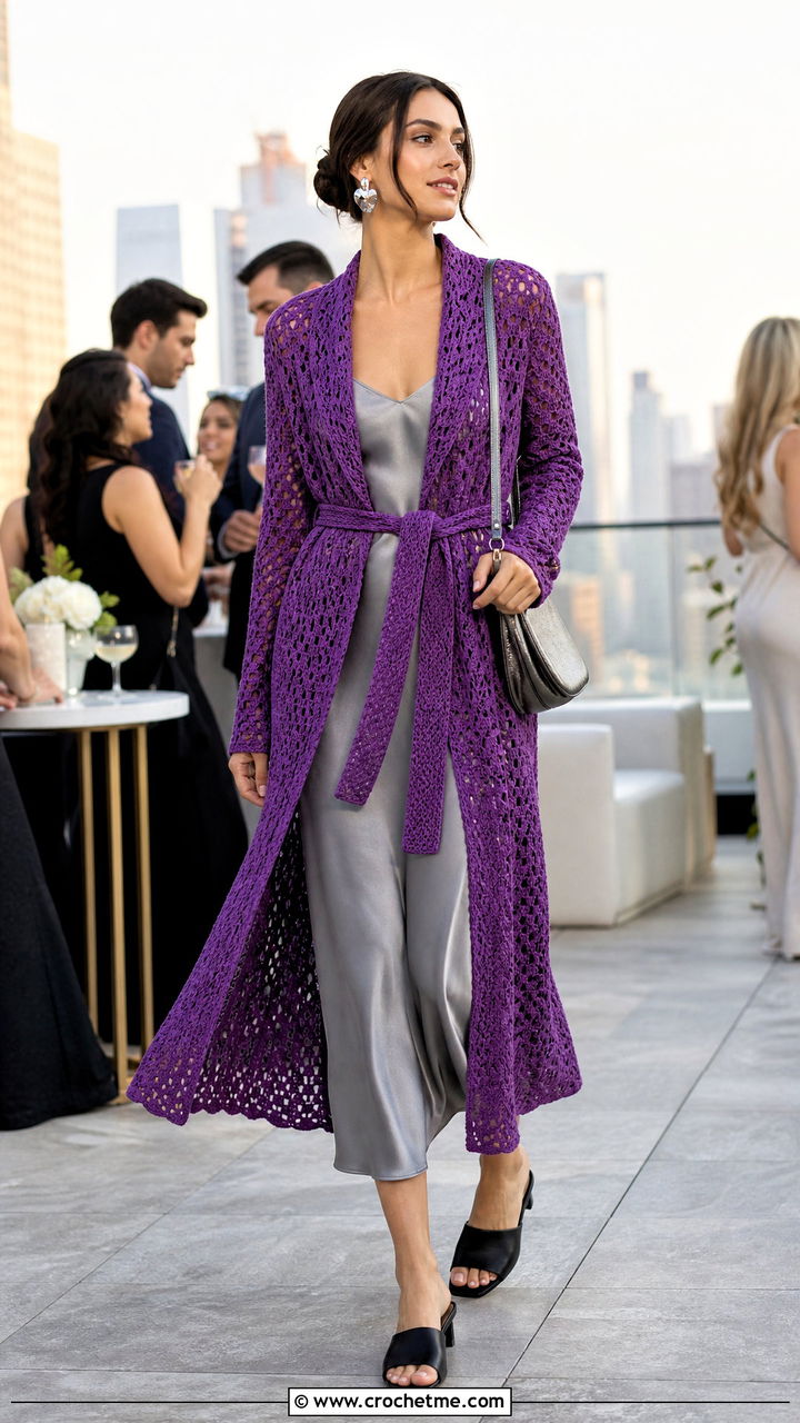 Belted Crochet Duster Coat With Slip Dress - 35 crochet coats outfit ideas