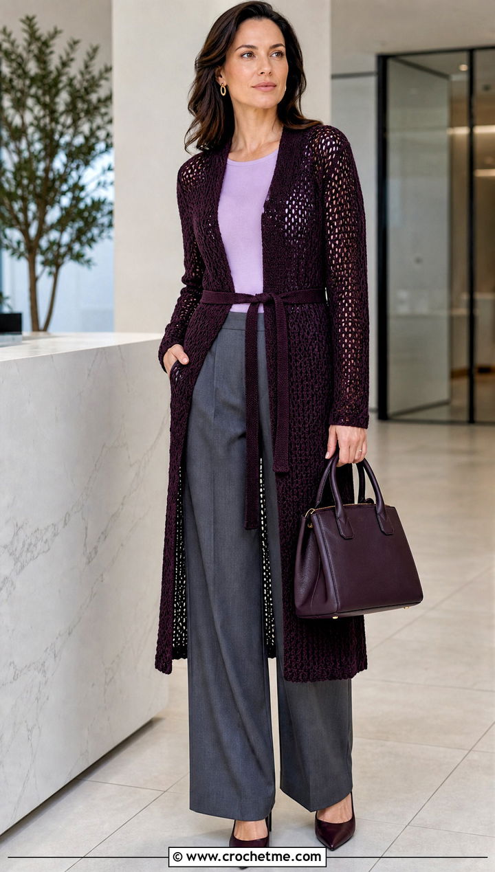 Belted Crochet Duster With Wide Leg Trousers - 25 Easy Crochet Duster outfit ideas