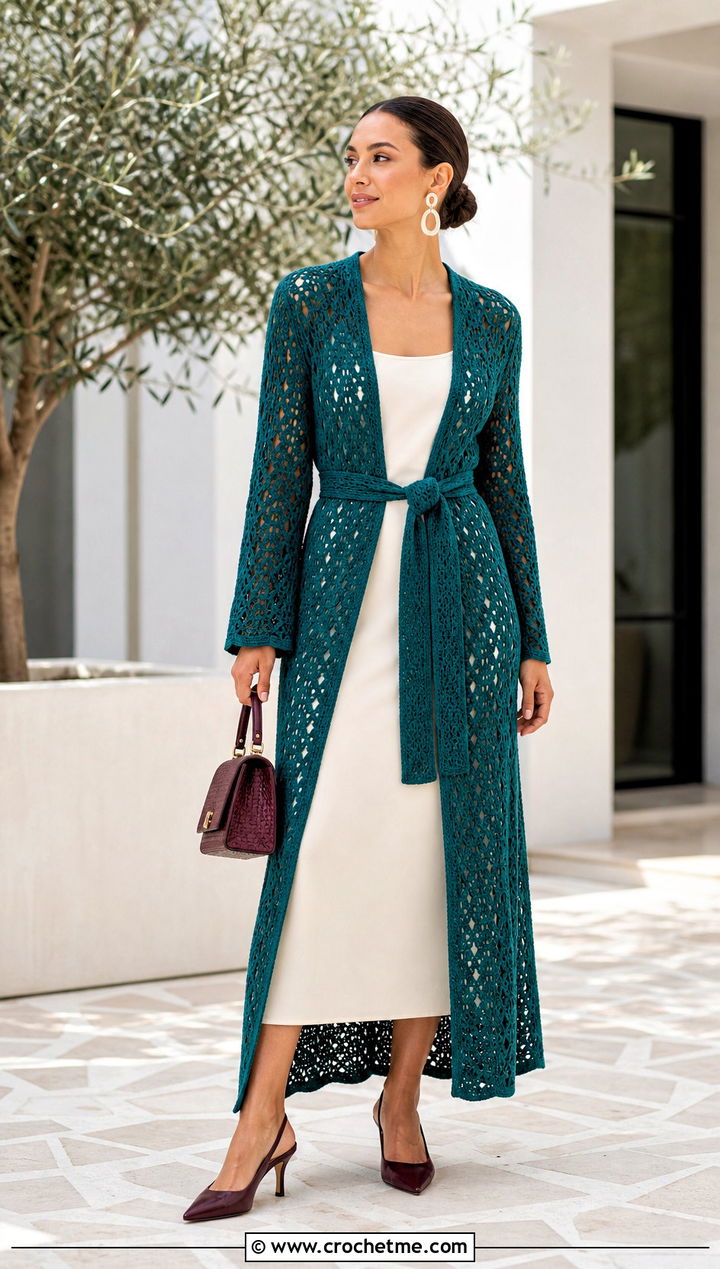Belted Crochet Duster With a Column Dress - 35 crochet long jacket outfit ideas