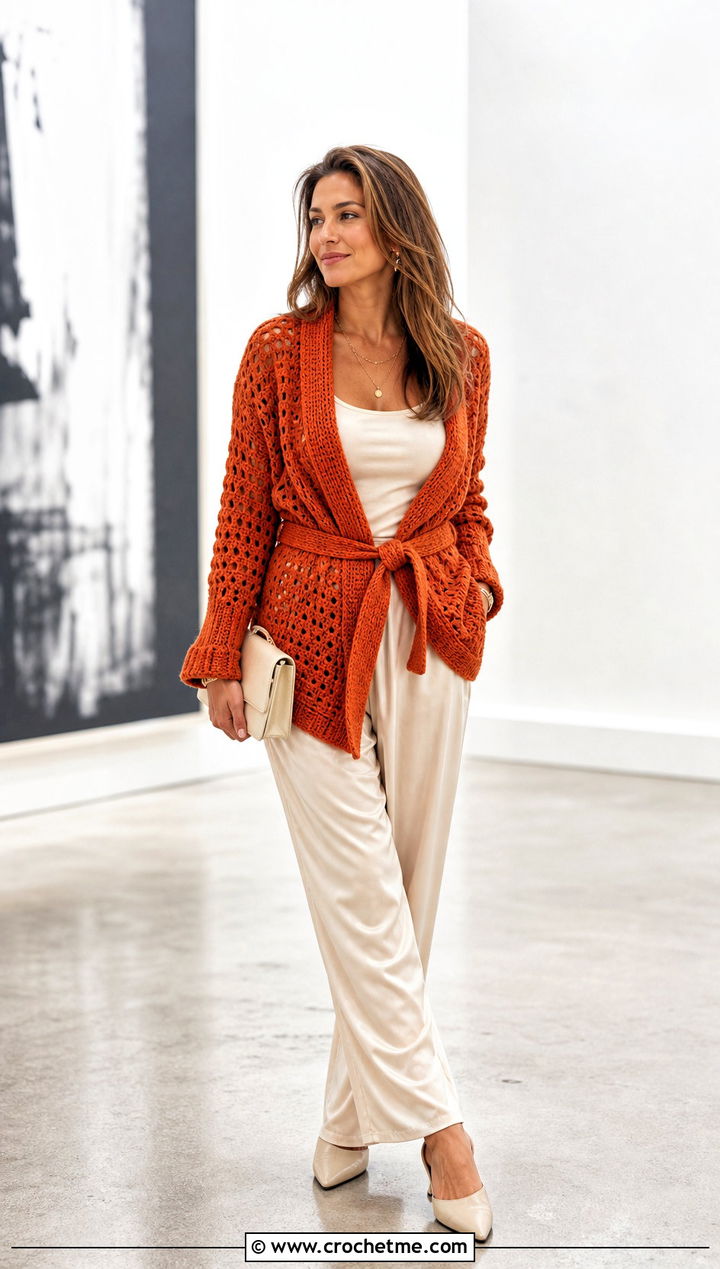 Belted Crochet Grandpa Sweater With Silk Trousers - 25 Crochet Grandpa Sweater outfit ideas