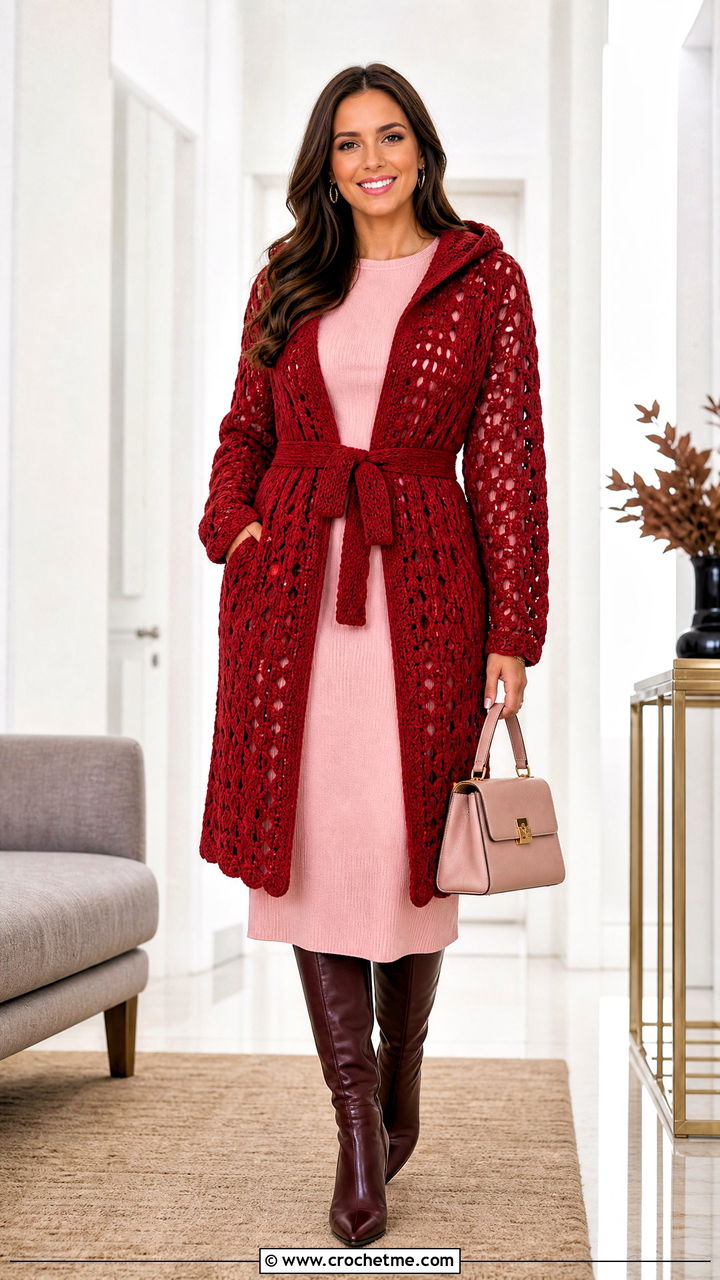 Belted Crochet Hooded Cardigan With Knit Midi Dress - 35 crochet hooded cardigan outfit ideas