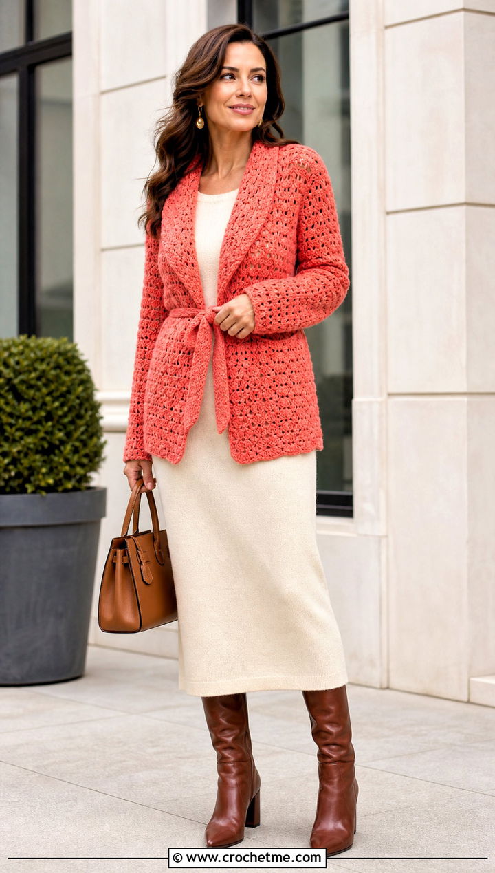 Belted Crochet Jacket With Midi Dress - 15 crochet jacket for beginners outfit ideas