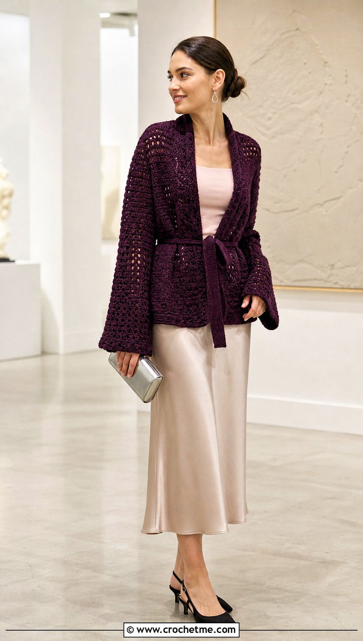 Belted Crochet Jacket With Satin Midi Skirt - 15 beginner crochet jacket ideas