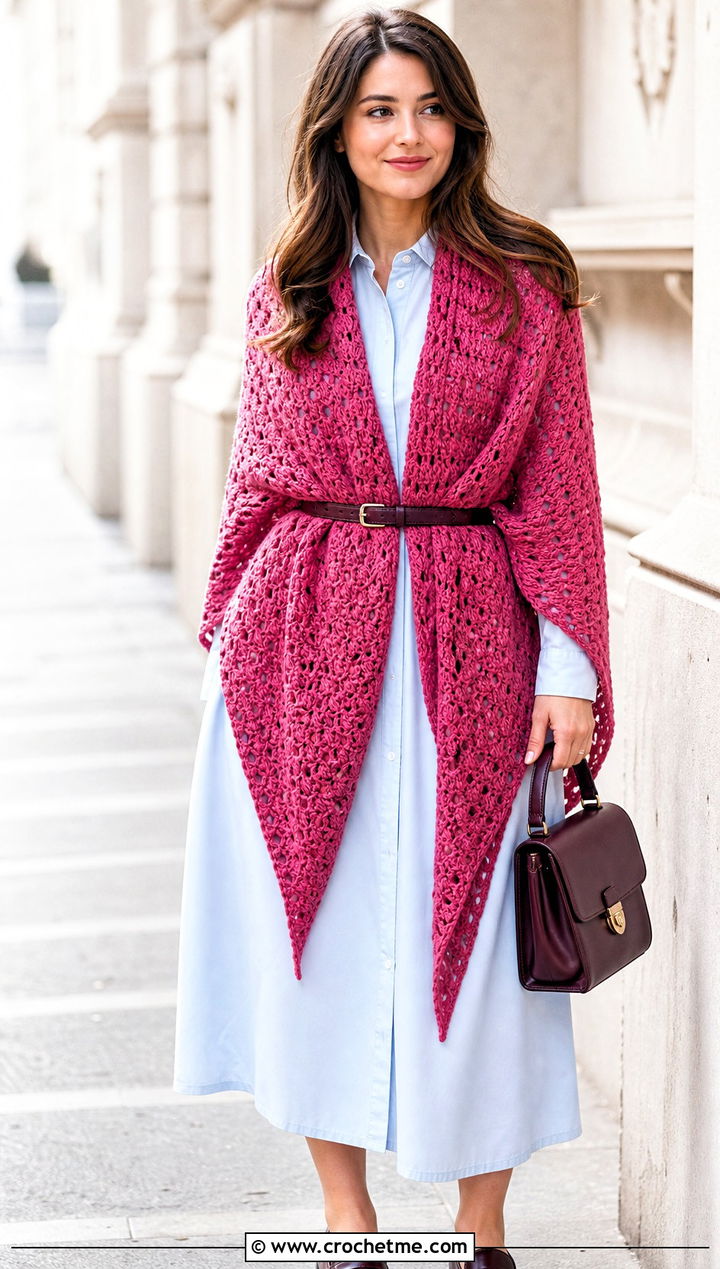 Belted Crochet Katniss Shawl With Shirt Dress - 20 Crochet Katniss Shawl outfit ideas