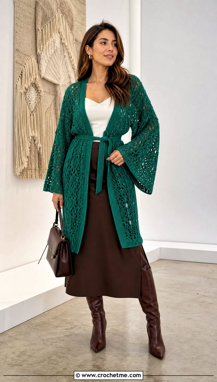 Belted Crochet Kimono With Slip Skirt And Knee High Boots - 30 Boho Crochet Kimono outfit ideas