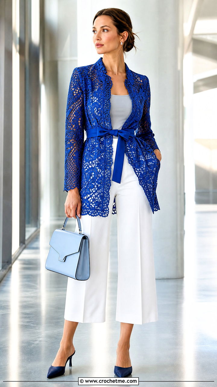 Belted Crochet Lace Jacket With Culottes - 35 crochet lace jacket outfit ideas