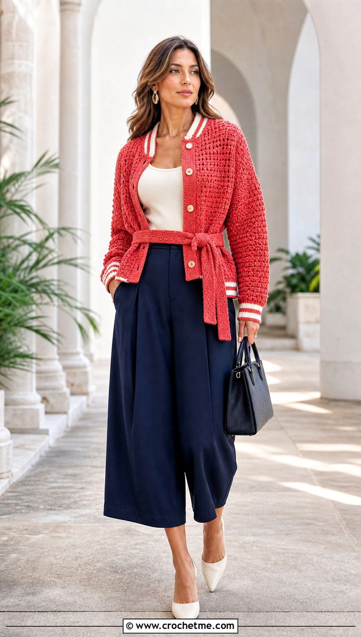 Belted Crochet Letterman Jacket With Wide Leg Culottes - 30 crochet letterman jacket outfit ideas