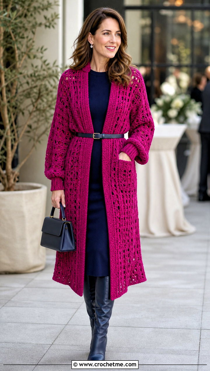 Belted Crochet Long Poncho With Midi Dress - 15 Crochet Long Poncho outfit ideas