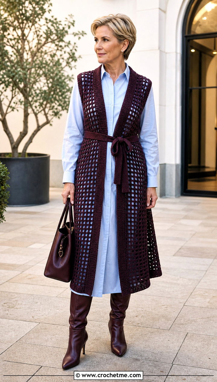 Belted Crochet Long Vest With A Poplin Dress - 25 Easy Crochet Long Vest outfit ideas