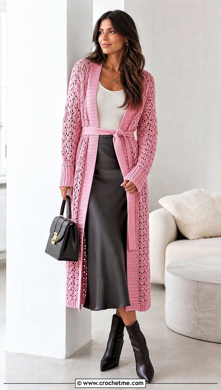Belted Crochet Longline Cardigan With Midi Skirt - 20 Crochet Longline Cardigan outfit ideas