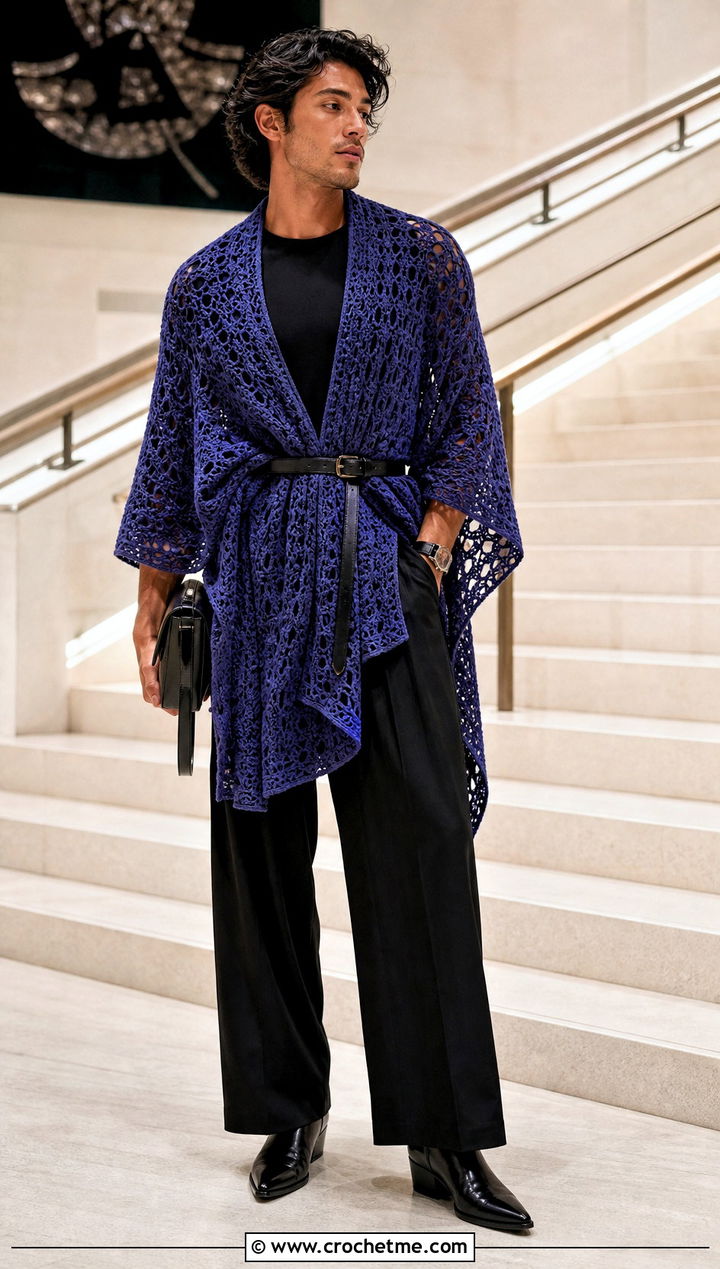 Belted Crochet Mens Poncho With Evening Trousers - 25 crochet men's poncho outfit ideas