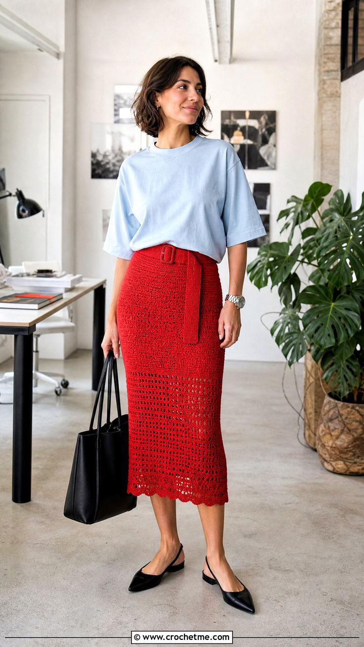 Belted Crochet Midi Skirt With Boxy T Shirt - 35 crochet midi skirt outfit ideas