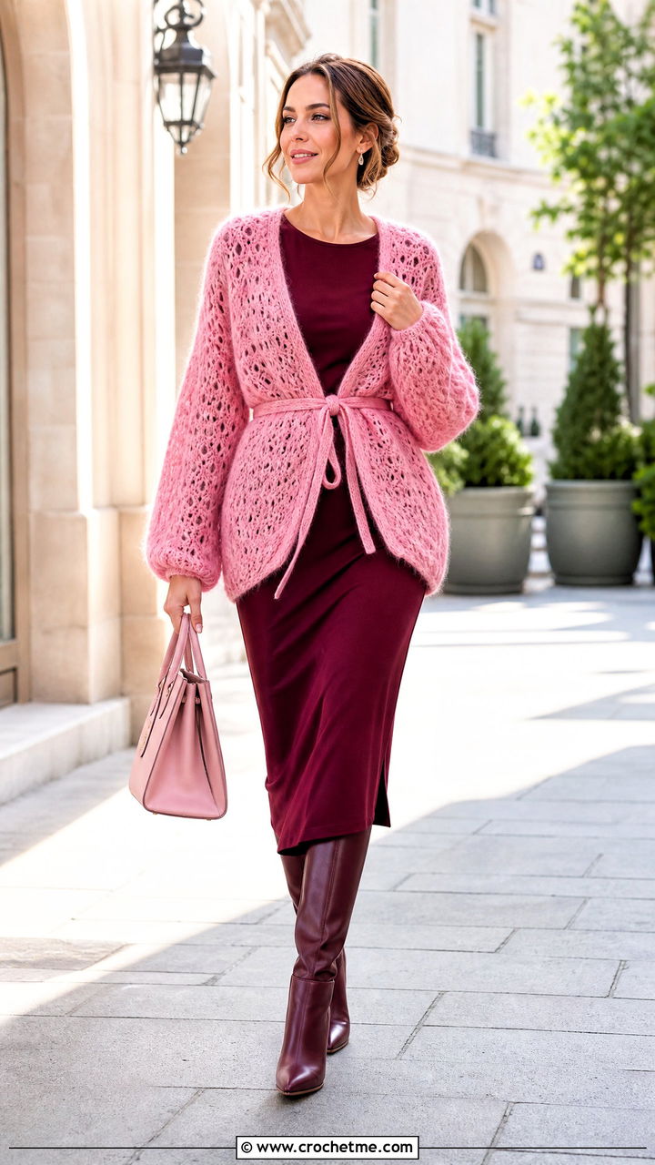 Belted Crochet Mohair Cardigan With Midi Dress - 35 crochet mohair cardigan outfit ideas