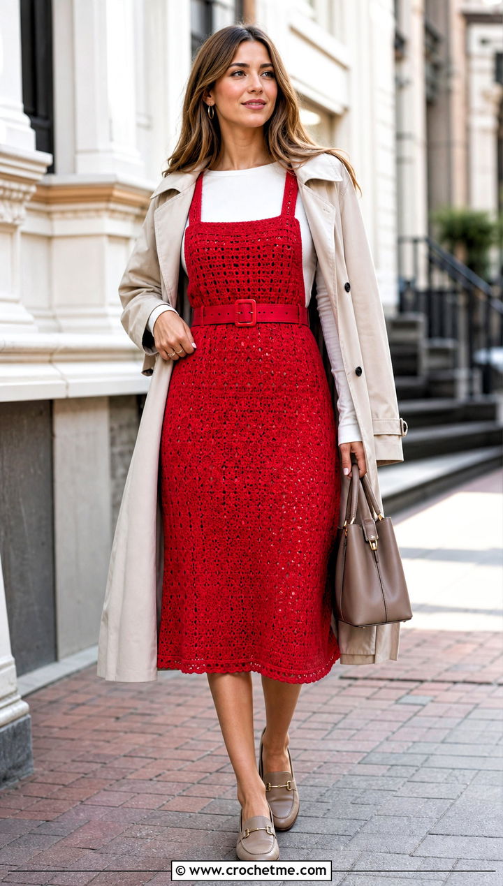 Belted Crochet Overall Dress With Trench Coat - 35 Crochet Overall Dress outfit ideas