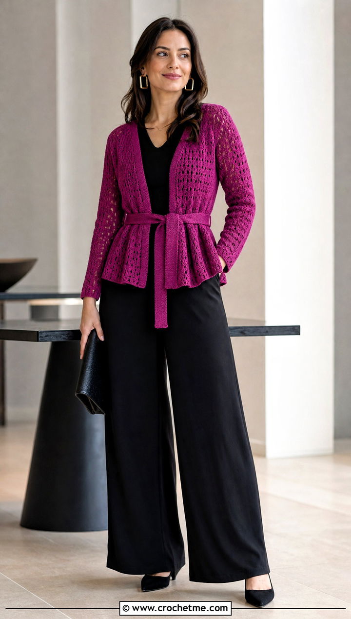 Belted Crochet Peplum Cardigan With Sleeveless Jumpsuit - 25 Crochet Peplum Cardigan outfit ideas