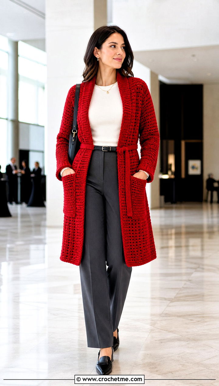 Belted Crochet Pocket Wrap With Straight Leg Trousers - 25 Crochet Pocket Wrap outfit ideas