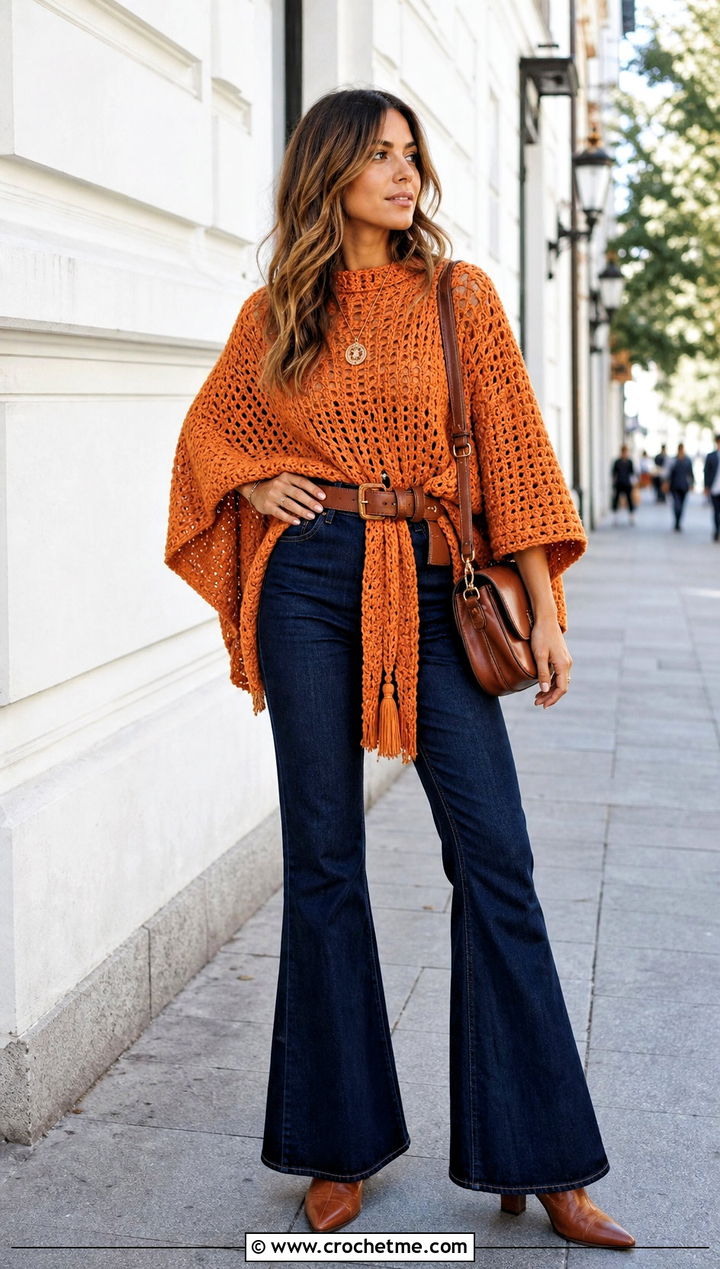 Belted Crochet Poncho Sweater With Flared Jeans - 35 crochet poncho sweater outfit ideas