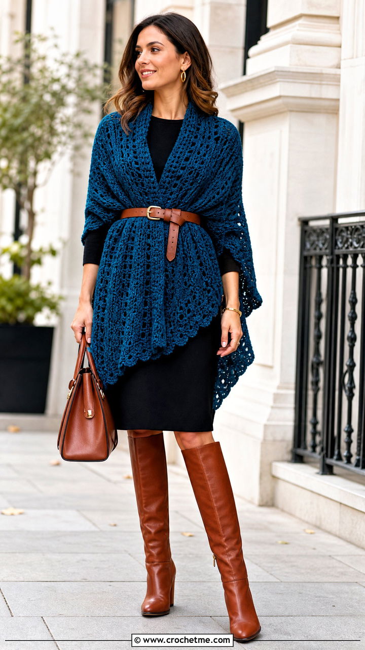 Belted Crochet Poncho With Knee High Boots - 35 crochet ponchos outfit ideas