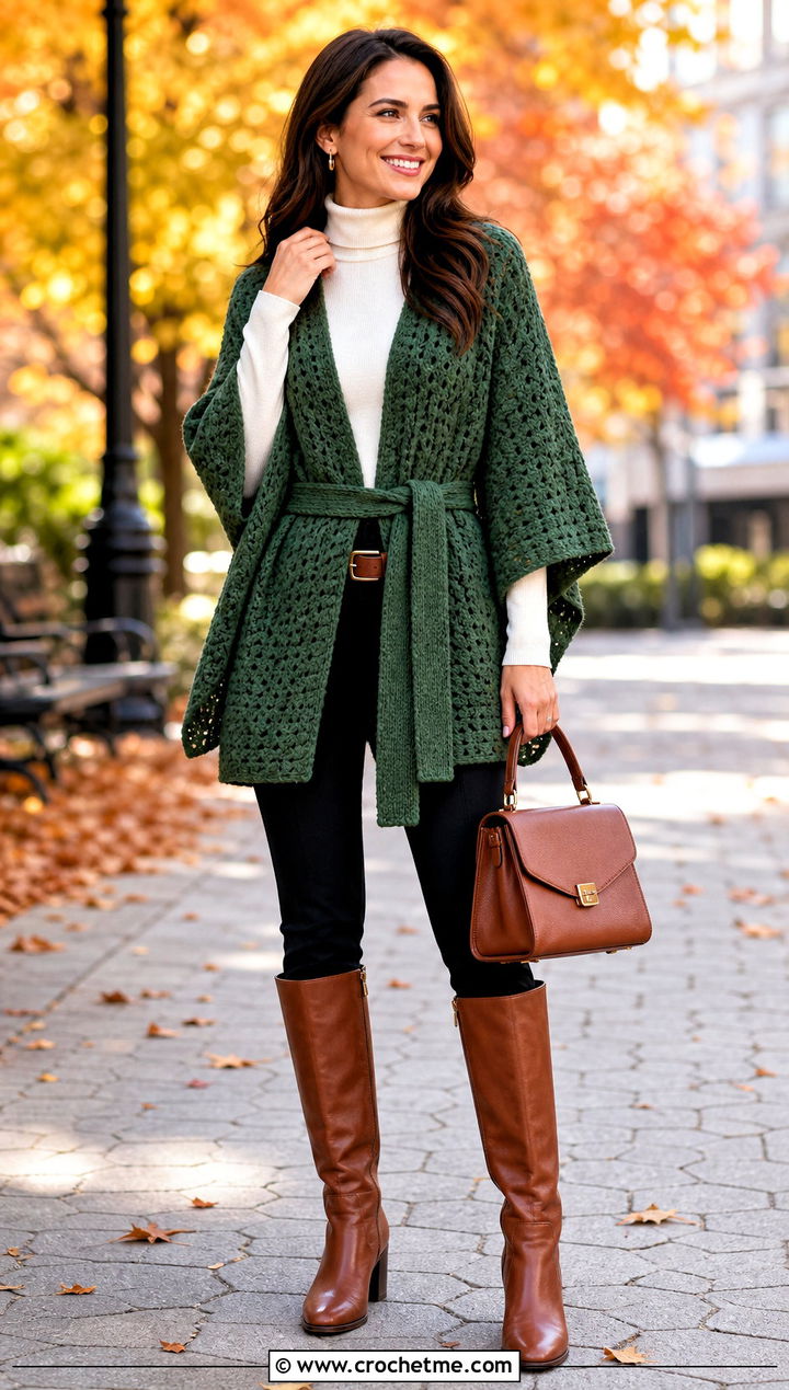 Belted Crochet Poncho With Knee High Boots - 25 Easy Simple Crochet Poncho outfit ideas