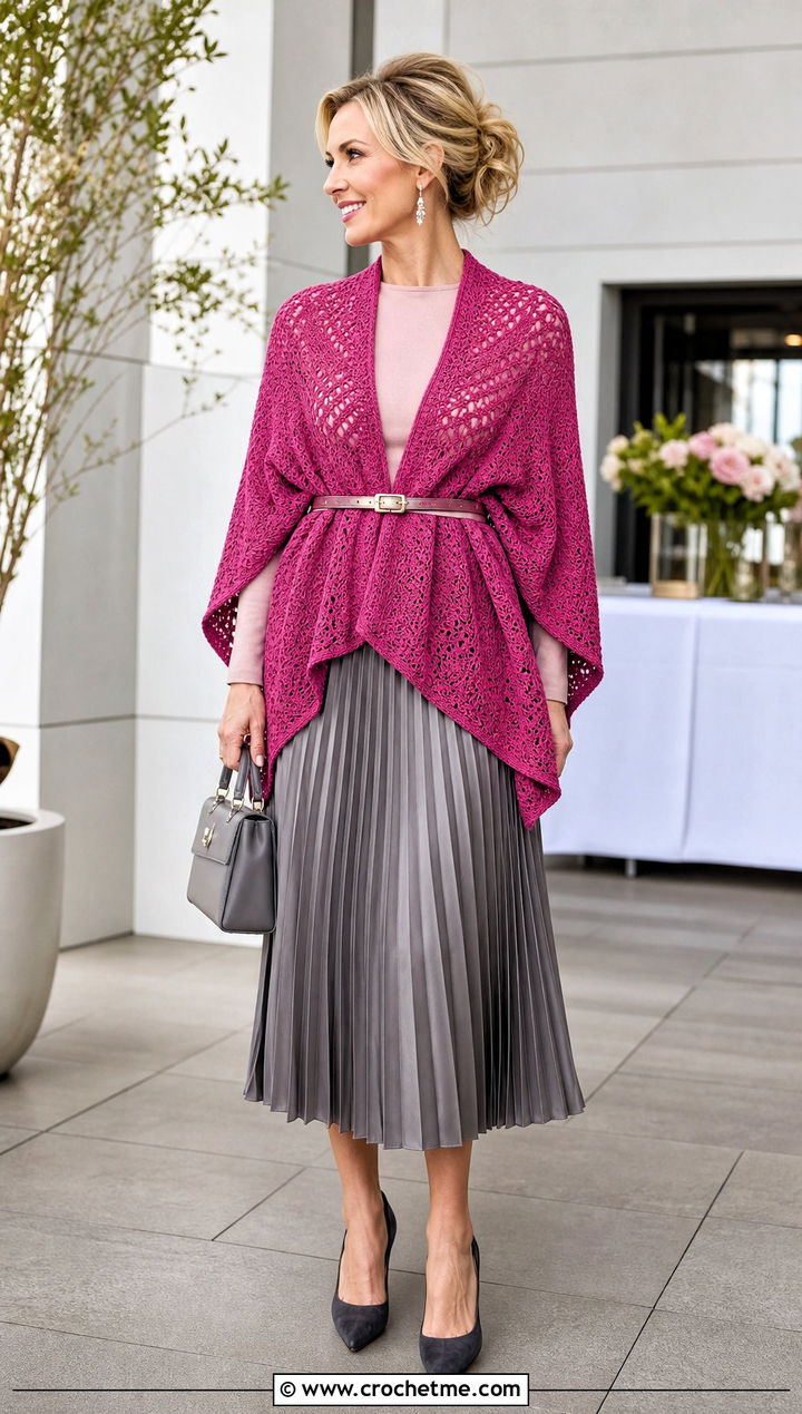Belted Crochet Poncho With Pleated Midi Skirt - 15 Modern Crochet Poncho outfit ideas