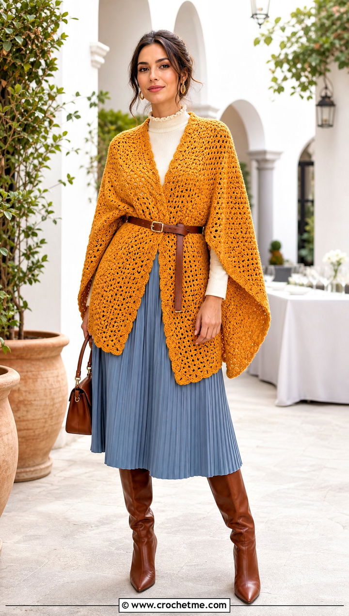 Belted Crochet Poncho With Pleated Midi Skirt - 15 Crochet For Ponchos For Women outfit ideas