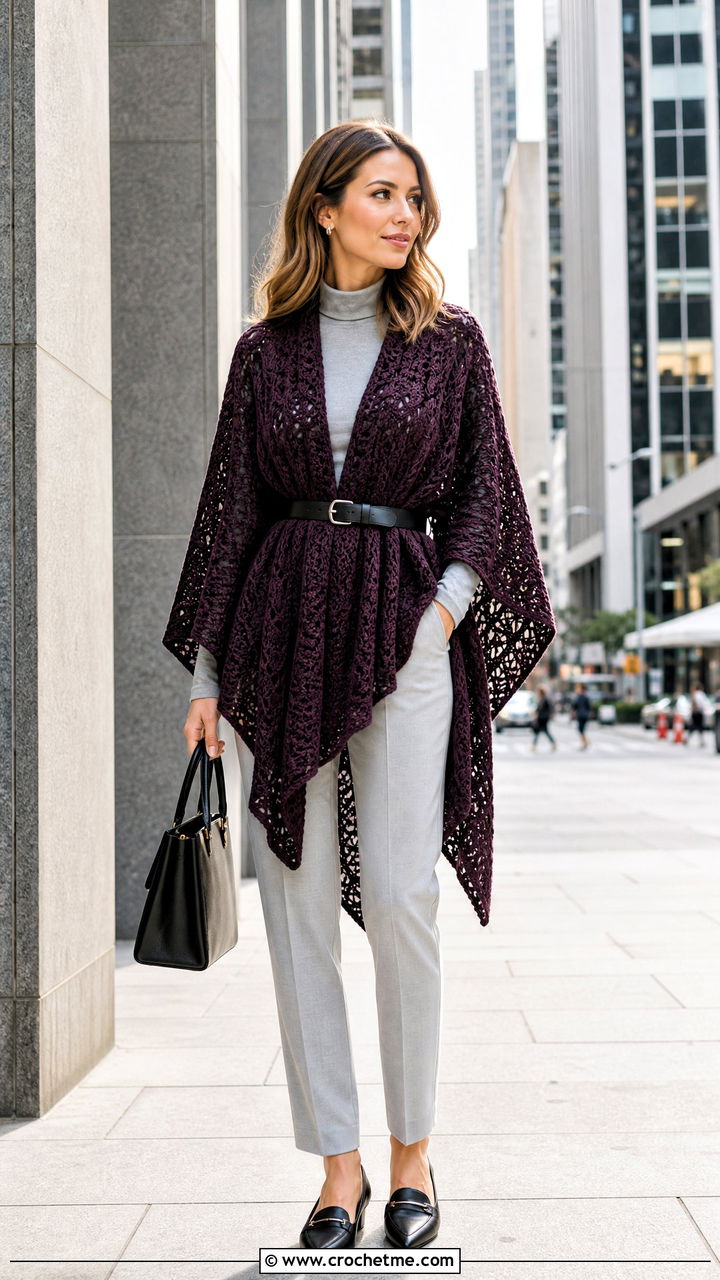 Belted Crochet Poncho With Tailored Trousers - 35 easy crochet poncho outfit ideas