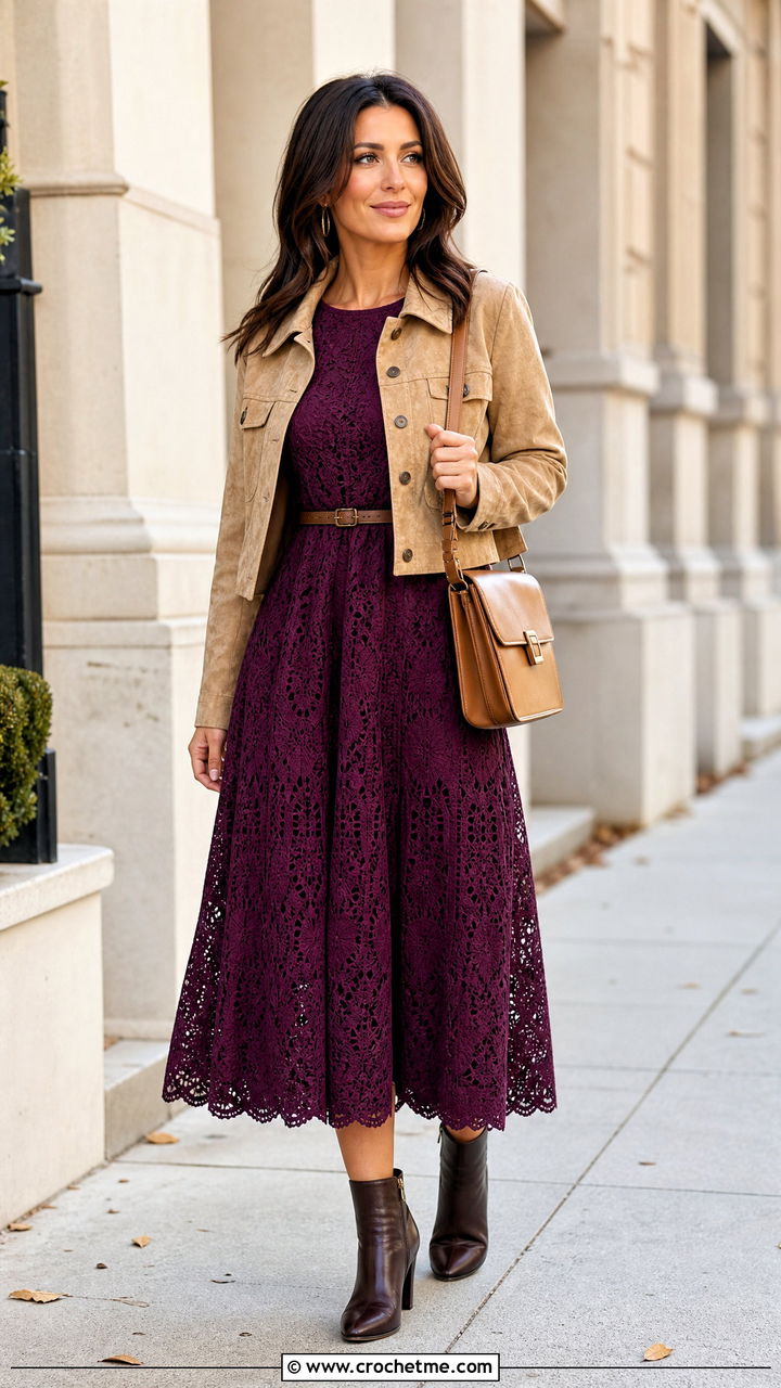 Belted Crochet Princess Dress With Fall Jacket - 35 crochet princess dress outfit ideas