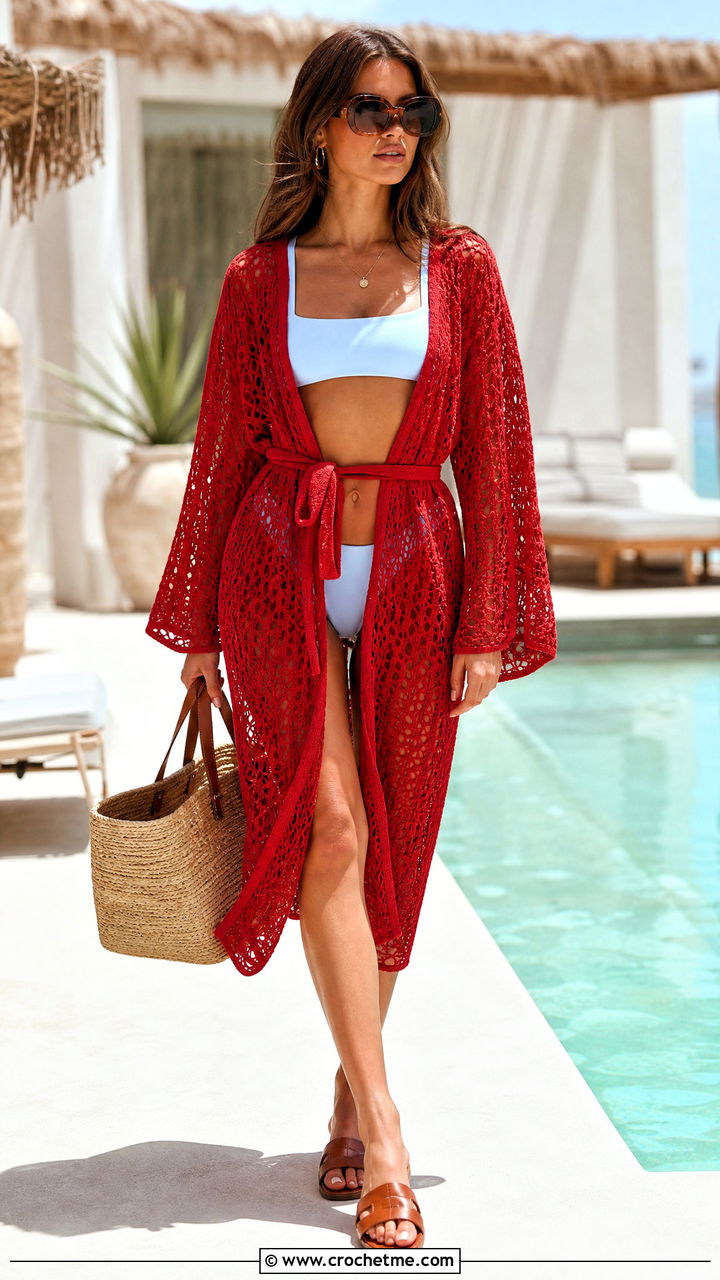 Belted Crochet Robe Beach Cover Up With Square Neck Bikini - 35 crochet beach cover up outfit ideas