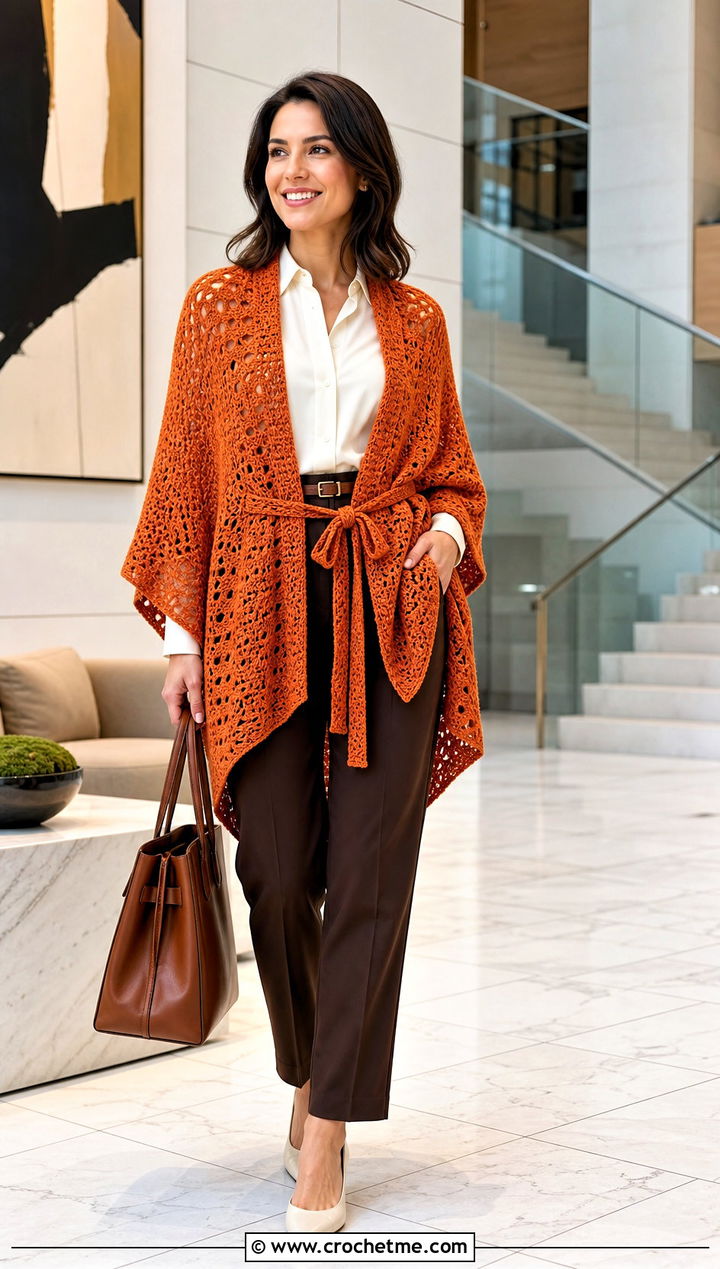 Belted Crochet Ruana With Button Up And Tailored Trousers - 15 easy crochet ruana outfit ideas