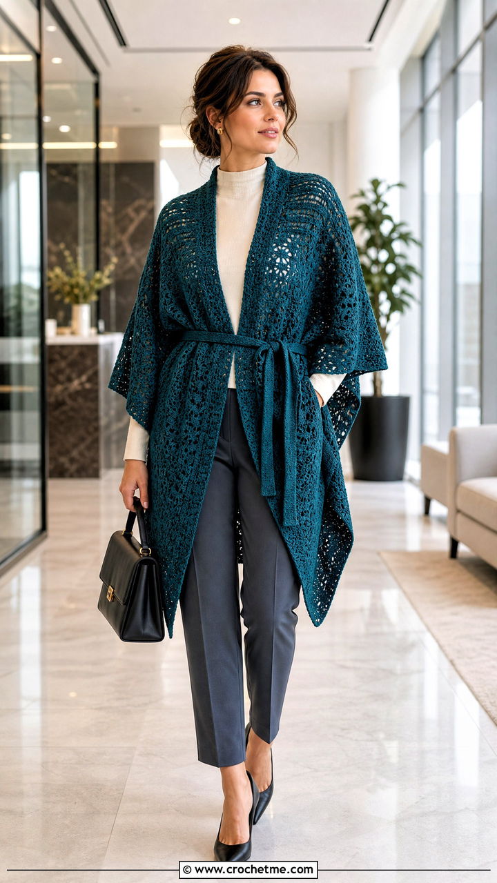 Belted Crochet Ruana With Tailored Trousers - 35 crochet ruana outfit ideas