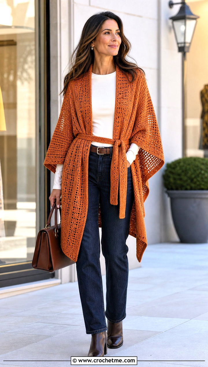 Belted Crochet Ruana Wrap With Straight Leg Jeans - 35 crochet wrap with sleeves outfit ideas