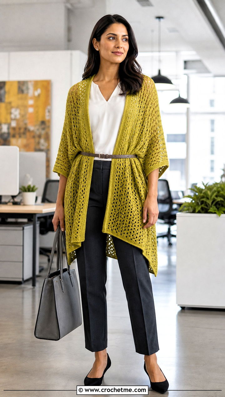 Belted Crochet Ruana Wrap With Tailored Trousers - 30 crochet summer wrap outfit ideas