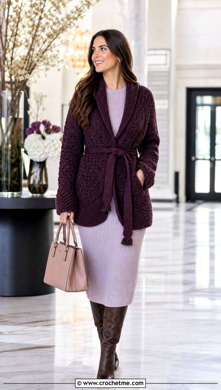 Belted Crochet Shawl Collar Sweater With Midi Dress - 20 Crochet Shawl Collar Sweater outfit ideas