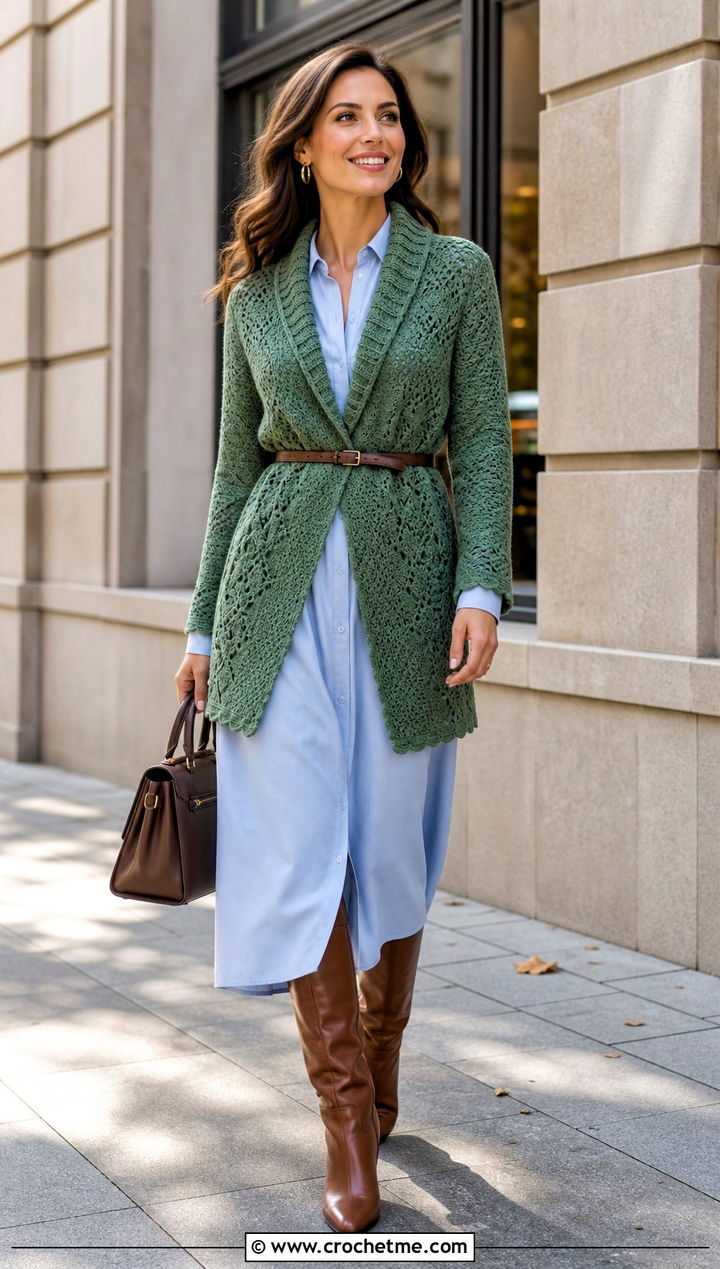 Belted Crochet Shawl Sweater With Shirt Dress - 25 crochet shawl sweater outfit ideas