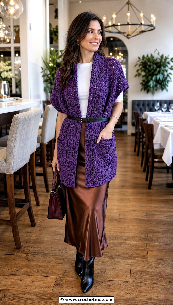 Belted Crochet Shawl With Arm Holes And Slip Skirt - 30 crochet shawl with arm holes outfit ideas