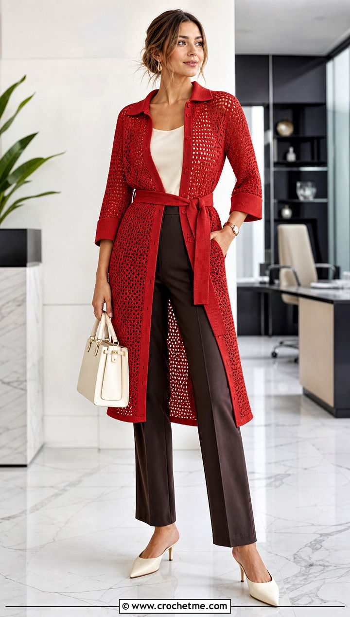 Belted Crochet Shirt Overlay Dress With Trousers - 25 Crochet Overlay Dress outfit ideas