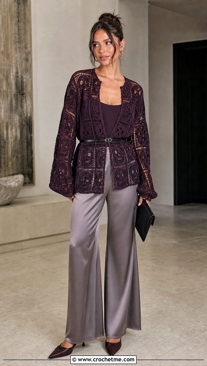Belted Crochet Skull Granny Square Cardigan With Satin Pants - 25 crochet skull granny square cardigan outfit ideas